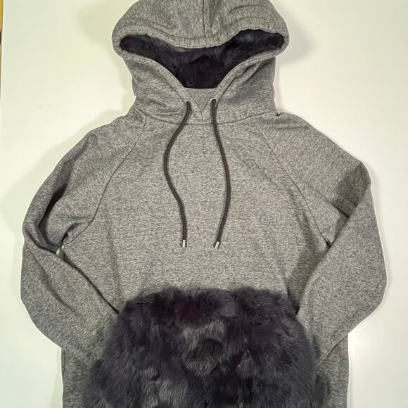 NWOT Jocelyn Small Fur Trim Pullover Hoodie Heather Gray Navy Blue Sweatshirt - Picture 9 of 11